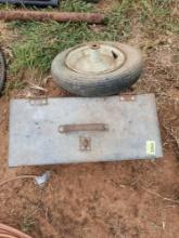 antique toolbox and 1 spare tractor tire