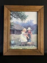 Small Girl & Boy in Front of Old House Cottage on Canvas Signed M Caroselli 20-1/2" H x 16-1/2" W