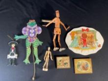 Assortment of hand painted wooden pull toys, art & figurines
