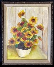 Still life painting of yellow flowers in bowl