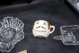Glass Ruffle Candlestick Holders, Glass Wheelbarrow & Man Half A Cup Mug