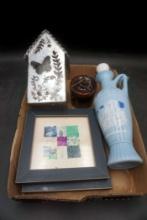 Picture Frames, Butter Crock, Metal Decorative Bird House & Blue Decanter