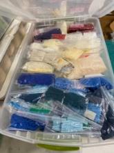 BOX OF PURPLE, WHITE, BLUE RUG HOOKING SUPPLIES