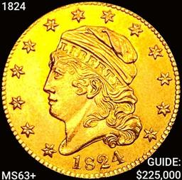 1824 $5 Gold Half Eagle CHOICE BU+