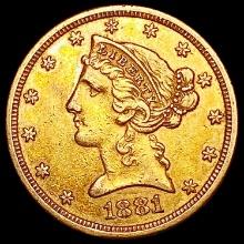 1881-S $5 Gold Half Eagle CLOSELY UNCIRCULATED