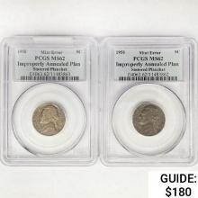 1958 Set [2] Jefferson Nickel PCGS MS62 Mint Error