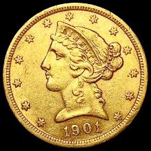 1901-S $5 Gold Half Eagle CLOSELY UNCIRCULATED