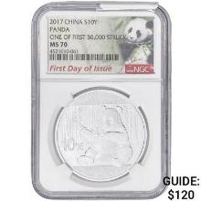 2017 1oz. Silver China Panda 10 Yuan NGC MS70 FDI