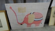wood sign, pink elephant says hello 22x28