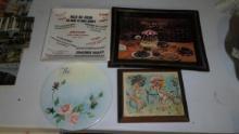home decor, dresser dishes, floral hot plate and tennis plaque