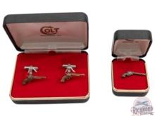 Vintage Set Colt SAA Single Action Army 45 Revolver Cufflinks & Tie Pin Antique Bronze