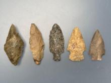 5 Nice Central States Arrowheads, Longest is 2 3/4", Ex: Late Jack Huber of Williamstown, NJ