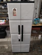 PLASTIC 2 DOOR STORAGE CABINET - AS IS - RIGHT DOOR KEEPS FALLING OFF