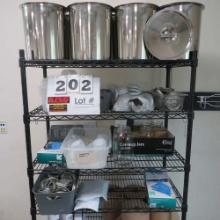 Rack w/Contents:  Plastic Containers, Paper Towels Jar Lids, Round Stainles