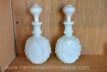 2, Vintage Fostoria Jenny Lind Cameo White Milk Glass Decanter & Stopper 10in