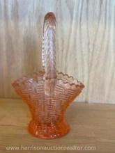 Antique Dugan DIamond Handmade Pink Big Basket Weave Glass Basket