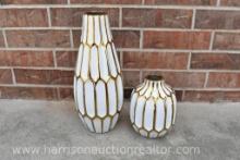 2,Ceramic Honeycomb Gold and White Vases