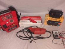 Milwaukee drill, jump box, elec tester, radio