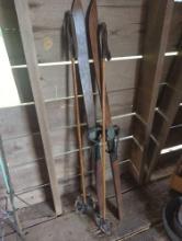 Vintage wood skis and bamboo ski poles