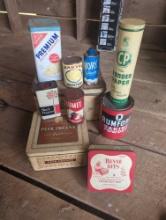 Vintage advertising tins, one bread box