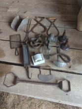 Vintage wares, Dr Rinehart hog holder, stamp moistener, grinder , Hanson scales, scoop, tongs & m...