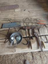 Vintage, rug beaters, tongs, pipe wrench and more