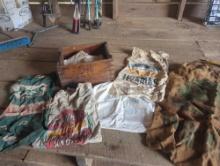 Vintage crate and sugar and seed sacks