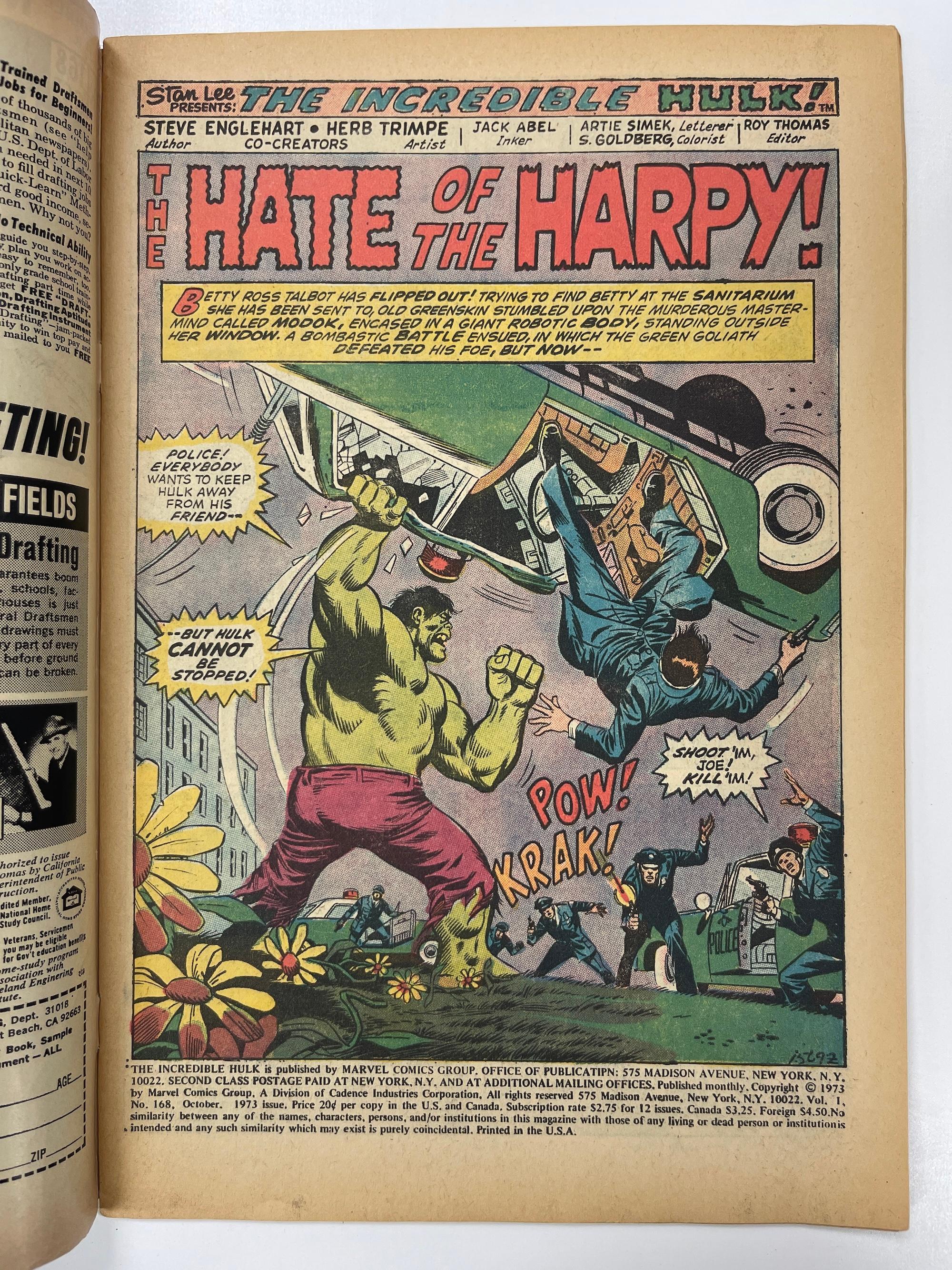 Incredible Hulk #168 MARVEL 1st app Harpy Herb Trimpe Art vintage 1973