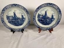 Pair of Delft Coastal Scene Plates One has Damage