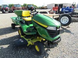 9303 X350 JOHN DEERE RIDING MOWER W/48" DECK 10P JOHN DEERE DUMP WAGON & 130 TOE BROADCAST SPREADER