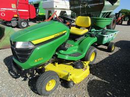 9303 X350 JOHN DEERE RIDING MOWER W/48" DECK 10P JOHN DEERE DUMP WAGON & 130 TOE BROADCAST SPREADER