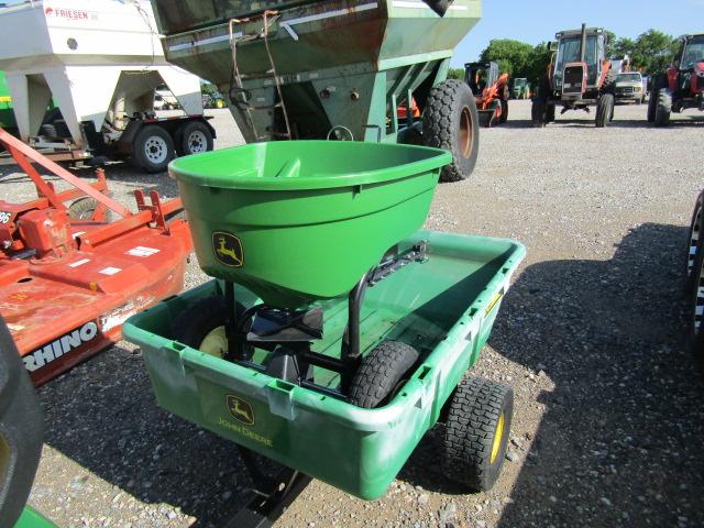 9303 X350 JOHN DEERE RIDING MOWER W/48" DECK 10P JOHN DEERE DUMP WAGON & 130 TOE BROADCAST SPREADER