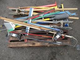 ASSORTED HAND TOOLS, INCLUDING PICK AXE, RAKE, POST HOLE DIGGERS & SHOVELS