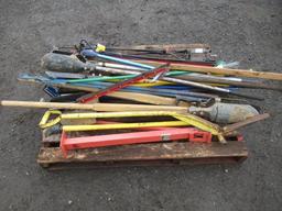 ASSORTED HAND TOOLS, INCLUDING PICK AXE, RAKE, POST HOLE DIGGERS & SHOVELS