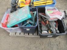FLOOR JACK, SHOP LIGHT, & ASSORTED SAWS, WRENCHES, SCREWDRIVERS, DRILL BITS, JACK STANDS, & OTHER
