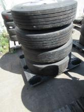 (4) BRIDGESTONE 295/75R22.5 TIRES ON STEEL 10 LUG WHEELS