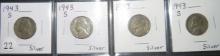 (4) 1943-S- Silver Jefferson Nickels