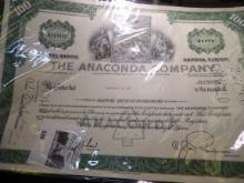 Number N243449 Stock Certificate for 100 Shares The Anaconda Company Capital Stock. June -1 1965.