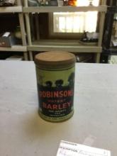 antique Robinson patent barley for infants in tin can with lid