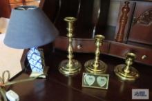 Miniature Oriental lamp and Baldwin brass candlesticks