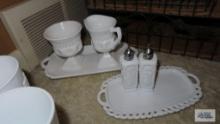 Milk glass creamer and sugar, salt and pepper shakers and butter dish