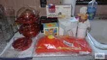 Variety of Kitchen utensils and appliances, including cheese grater. Egg cooker scale and etc