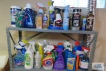 two shelves of assorted cleaners
