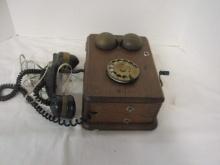 Vintage Kellogg Hand Crank Converted to Rotary Dial Oak Housing Wall Telephone