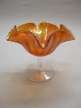 Vintage Marigold Fluted Carnival Glass Stemmed Compote Bowl 5"