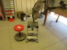 Mechanics Rolling Seat, 2-Step Ladder, 110V Fan