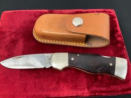 Vintage Western Folding Pocket Knife, S-532, engraved blade, metal and wooden handle, leather she...