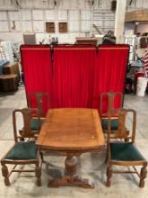 Antique Expanding Tiger Oak Table w/ Carved Pedestal Base & 4 pcs Scroll Back Buffet Chairs. See