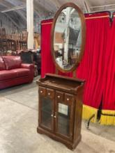 Vintage Lighted Wooden Glass Fronted Curio Display Case w/ Oval Mirror. Tested, Not Working. See