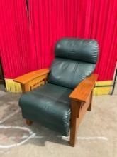 La-Z-Boy Mission Inspired Eldorado Wood Recliner Model 029423 w/ Dark Green Leather Upholstery. See